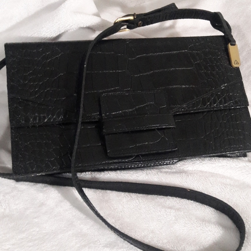Black Leather Crossbody Purse croc embossed